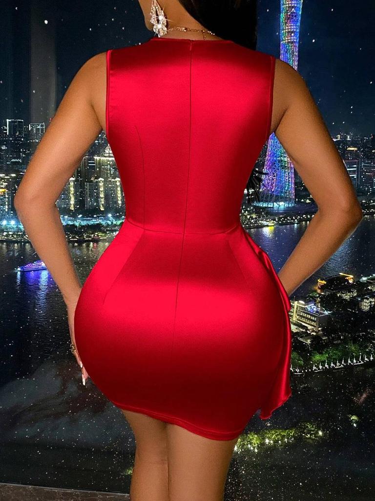 Elegant Red Satin Deep V Waist-Cinching Ruffle Mini Dress for Banquets and Events