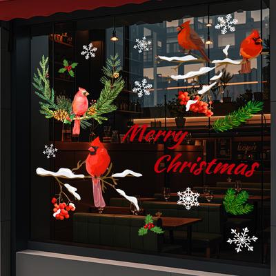 Christmas Red Bird Mirror Stickers with Snowflake Branch Christmas Static Sticker Window Glass Holiday New Year Party Decoration