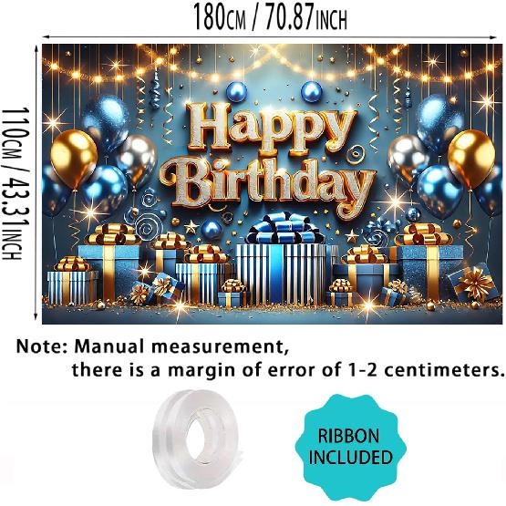 Nuxovilar Happy Birthday Banner Blue Gold Balloons String Lights Polyester Backdrop 43x70.86 Inches - Large Party Birthday Decorations for Photo