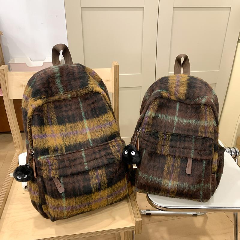 Vlněný kostkovaný studentský školní batoh s velkou kapacitou dámský batoh
