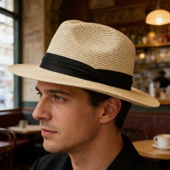 Panama Hat Women Men Wide Brim Straw Beach Hat Ribbon Decor Breathable Elastic Fit Summer Sun Hat Vacation Accessory