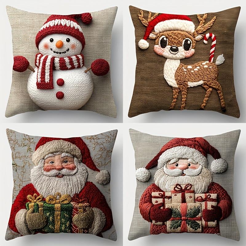Christmas Pillowcase, Cute Cartoon Imitation Embroidery Linen Print Sofa Pillow Cover, Festival Decoration, Festival Gift (Pillow Insert Not Included)