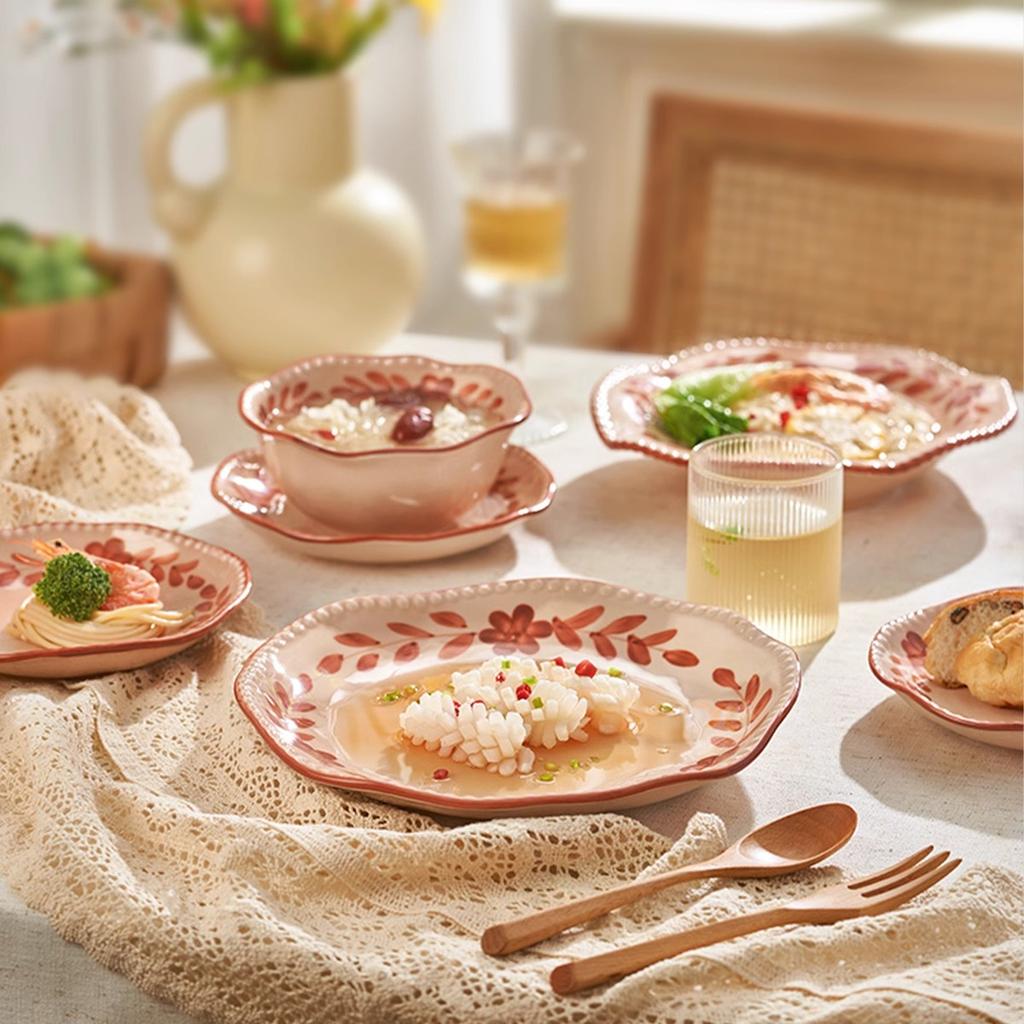 Vajilla Francesa Bol de Arroz Set de Platos para el Hogar Bol Plato Boda Regalo de Boda Floral Bajo Vidriado Estilo Nórdico