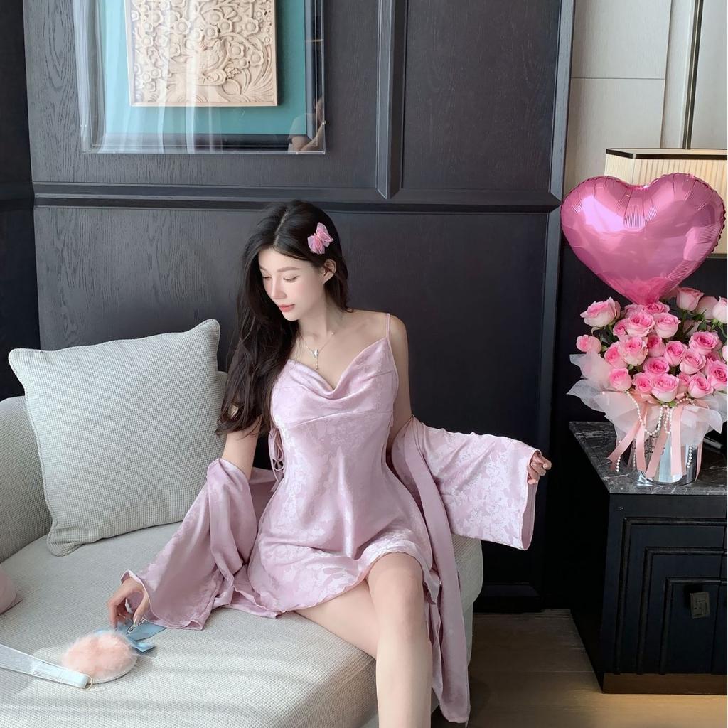 Sexy pajamas Women's Ice Ribbon chest pad New pure desire wind jacquard butterfly suspender nightgown nightgown silk loungewear