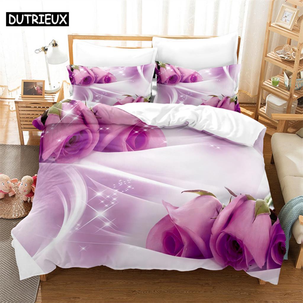 Purple Flower Duvet Cover Set Double Bed 200x200 Thin Floral Bedding Set 3PCS 2PCS with Pillowcase Single Quilt Cover 220x240