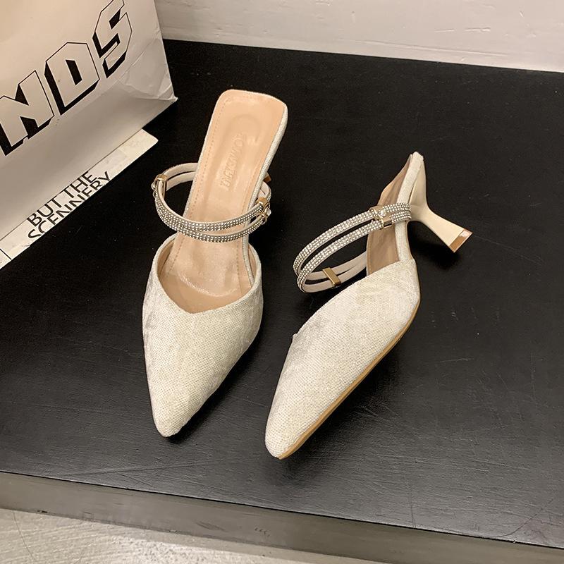 Baotou sandals women's middle heel two wearing slippers summer wear pointed thin heel rhinestone rear empty single shoes women's new models