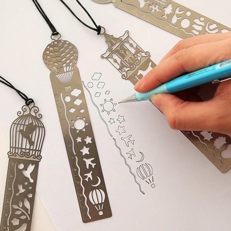 2Pcs Cartoon Pattern Metal Record Daily Templates For Quilting Ruler Multi-Function Bookmark Hollow Hand Account Tool