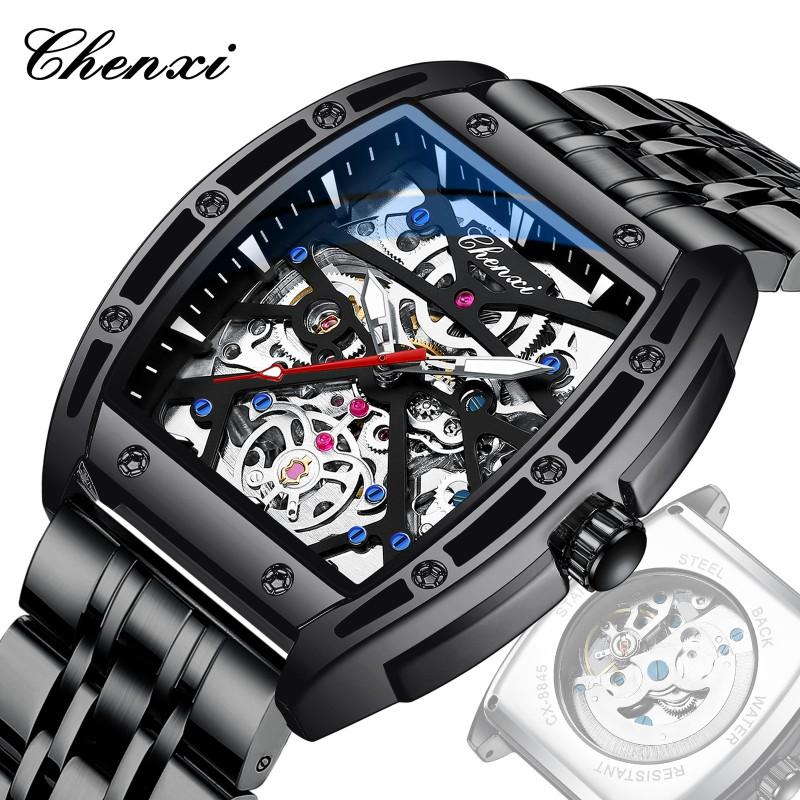 Mens Automatic Mechanical Watch Wine Barrel Skeleton Genuine Leather Waterproof 30M Luminous Casual Style