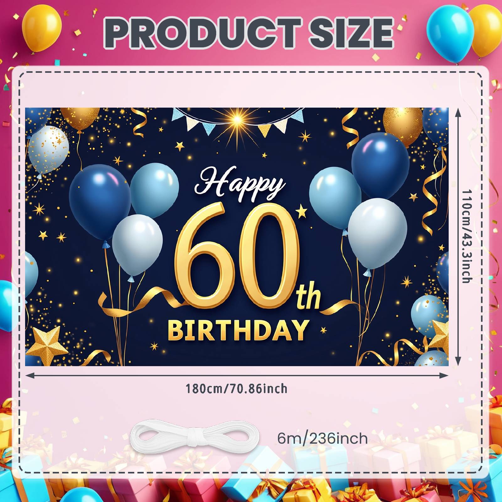

Happy 60th Birthday Banner Blue White Balloons Adult Birthday Display Milestone Birthday Backdrop Deep Blue Background