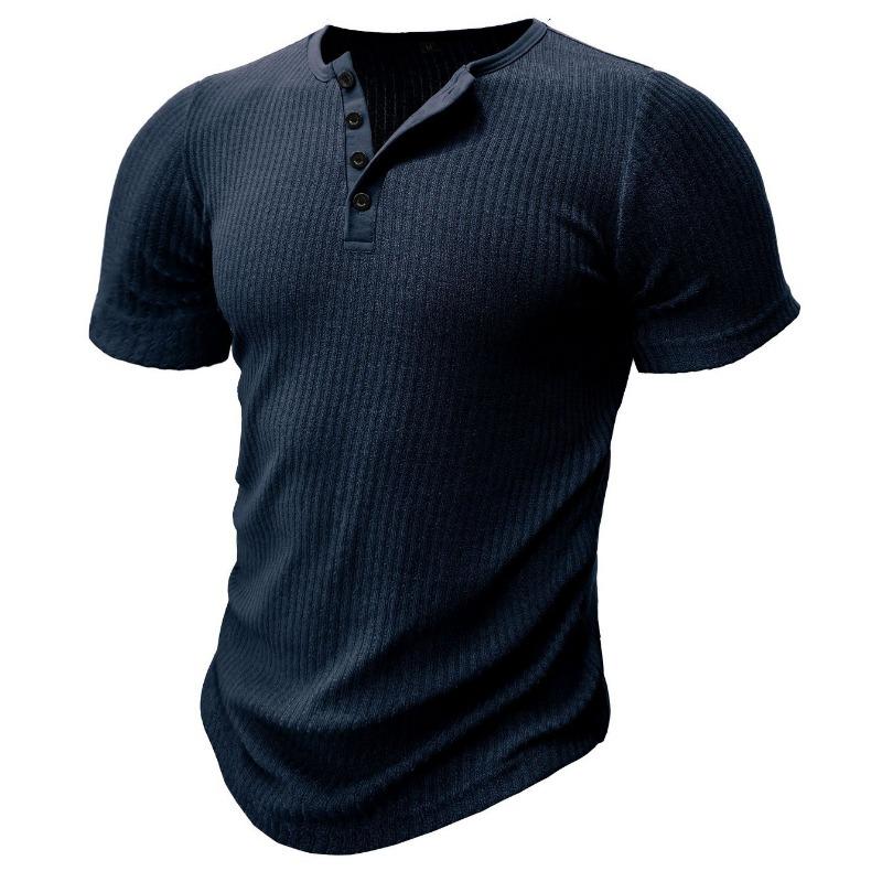 Men's Navy Blue Ribbed Knit Henley Short Sleeve Shirt Curved Hem Muscle Fit Top