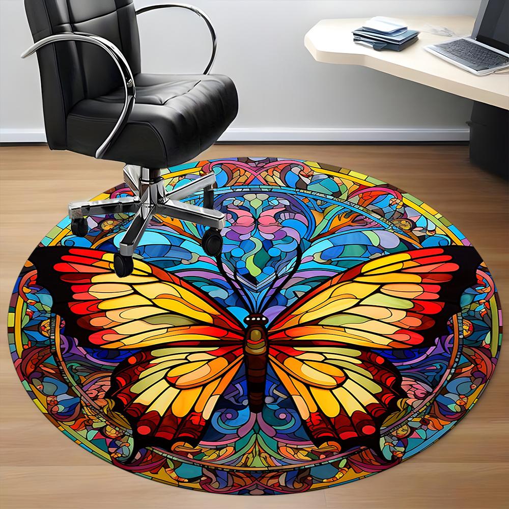 1pc Butterfly StainedGlass Office Round Area Rug, Indoor Mat Suitable ForOffice, Under Office Chairs Bedroom Living Room Home Decor, Room Decot022