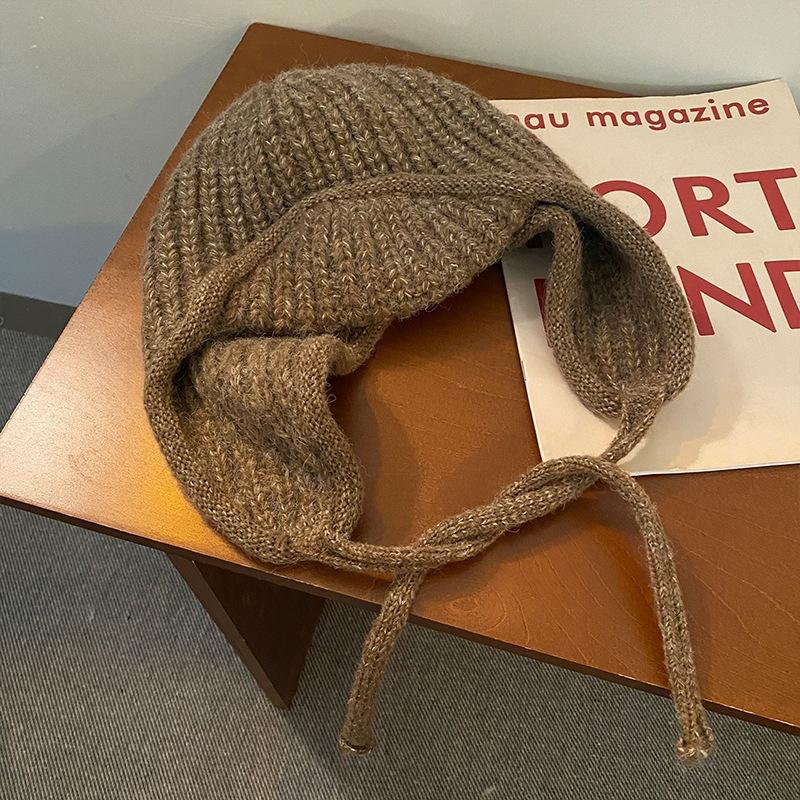 Korean ear protection flying hat versatile face small bag hat autumn and winter warm solid color lace-up knitted wool hat children