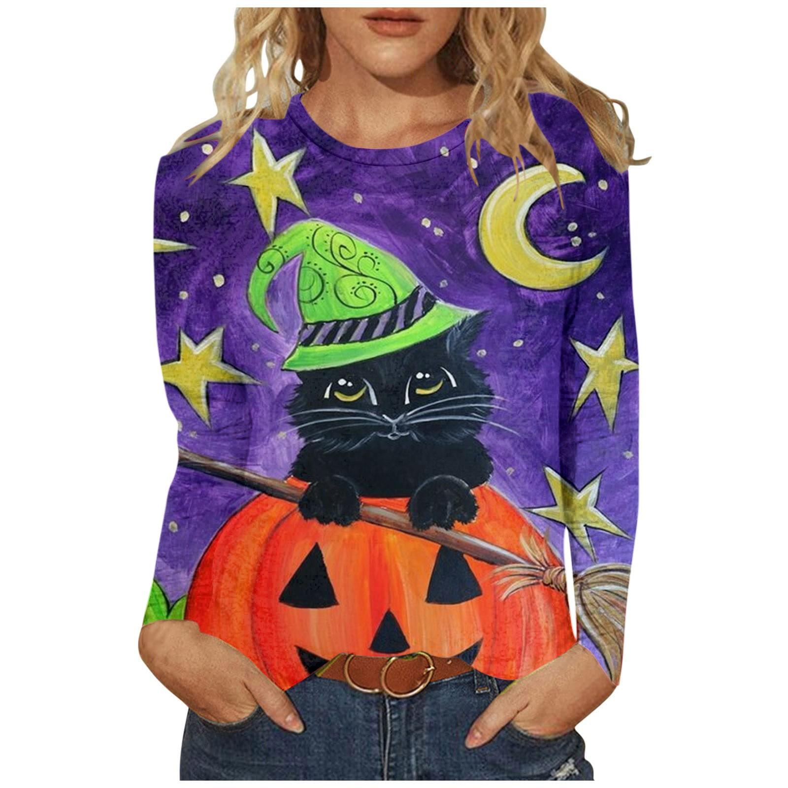 

(SU)Женская повседневная модная футболка с длинным рукавом и принтом на Хэллоуин