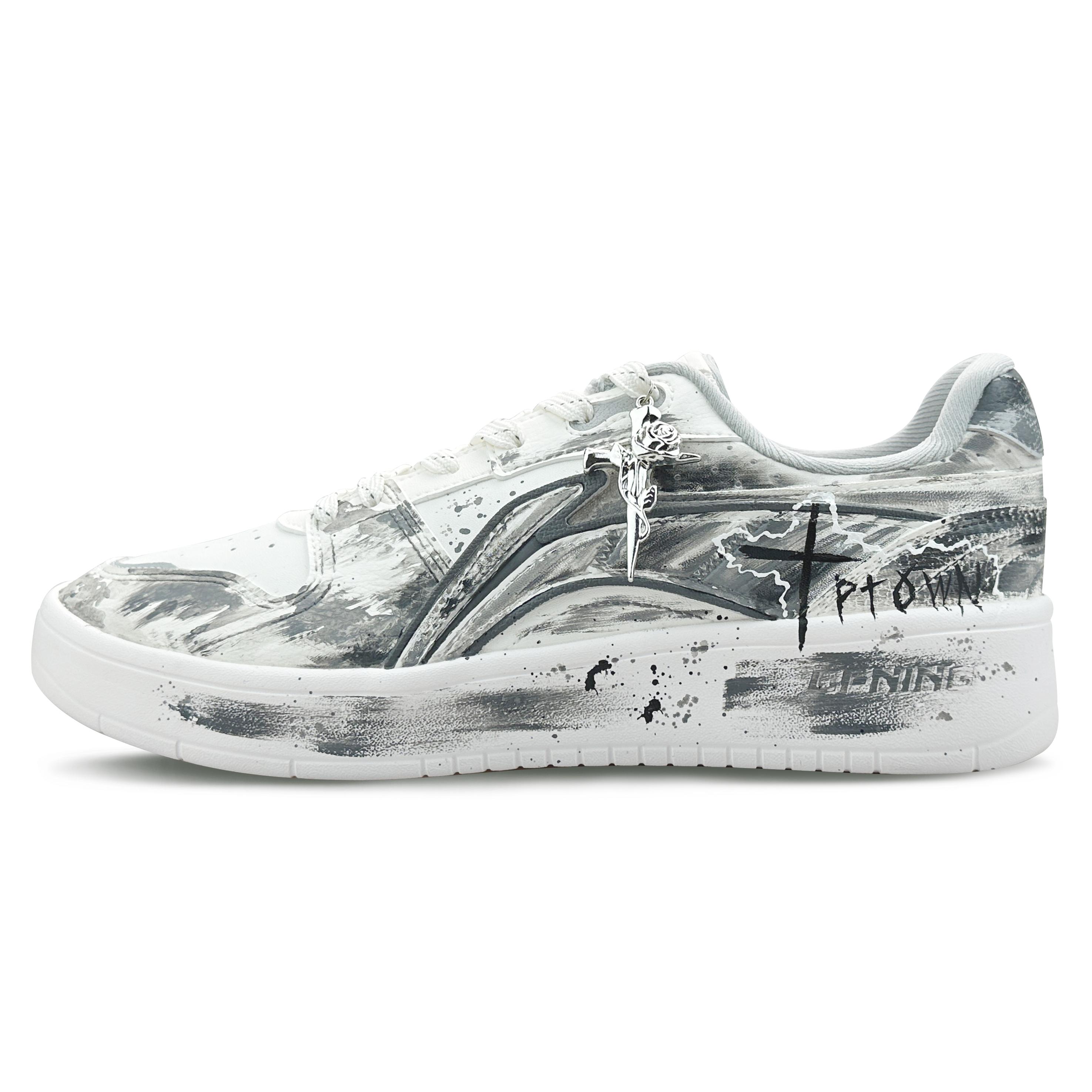 Li Ning Sycee V2 Темные Джунгли Нескользящие Амортизирующие Низкие Кеды для Скейтборда Мужские Бело-Серые AGCU515-1(Команда771-) 43.5