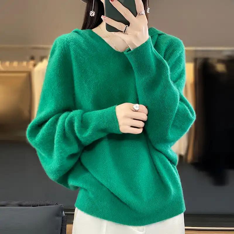 Sweater for Women Autumn Winter Thickened Pullover Warm Hooded Knitted Stretchy Long Sleeve Oversize Jumper Tops