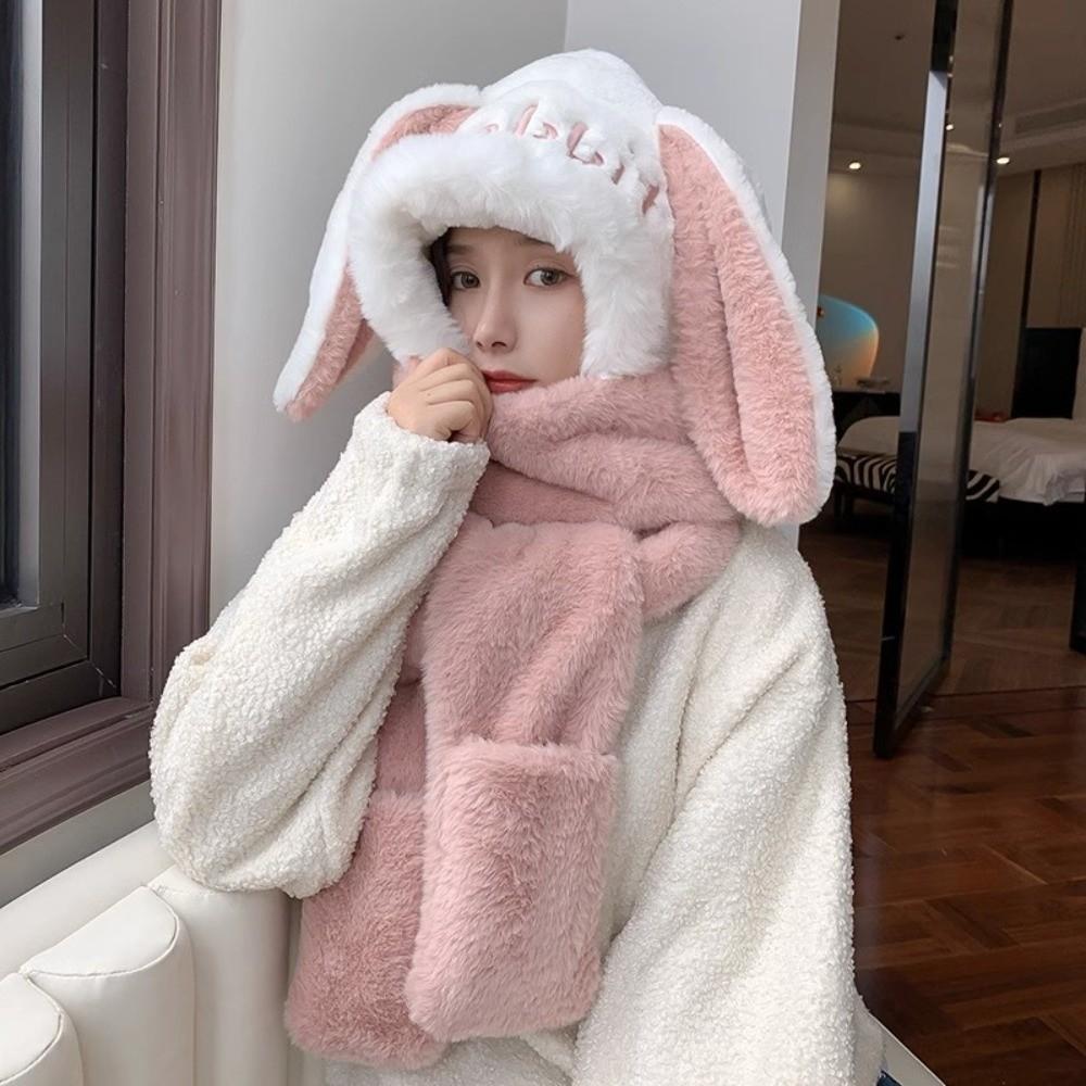 Thicken Plush Scarf Hat Gloves Set Keep Warm Plush Scarf Cute Hooded Scarf  Women Girls