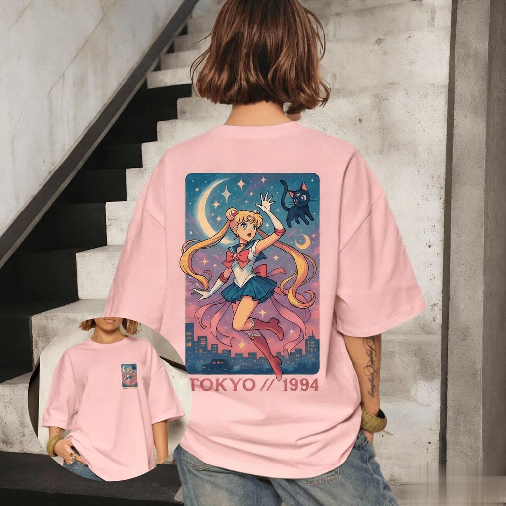 Sailor Moon Tsukino Usagi & Luna "Tokyo 1994" Vintage T-Shirt, Unisex Magical Girl Anime Oversized Tee, 100% Cotton Casual Short Sleeve Top
