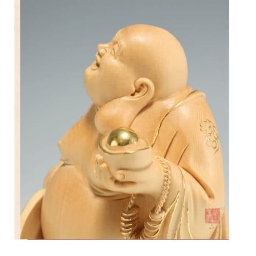 High-quality wooden carved Buddhist statue of Hotei made from cypress wood (15cm high x 11cm wide) - a good luck charm