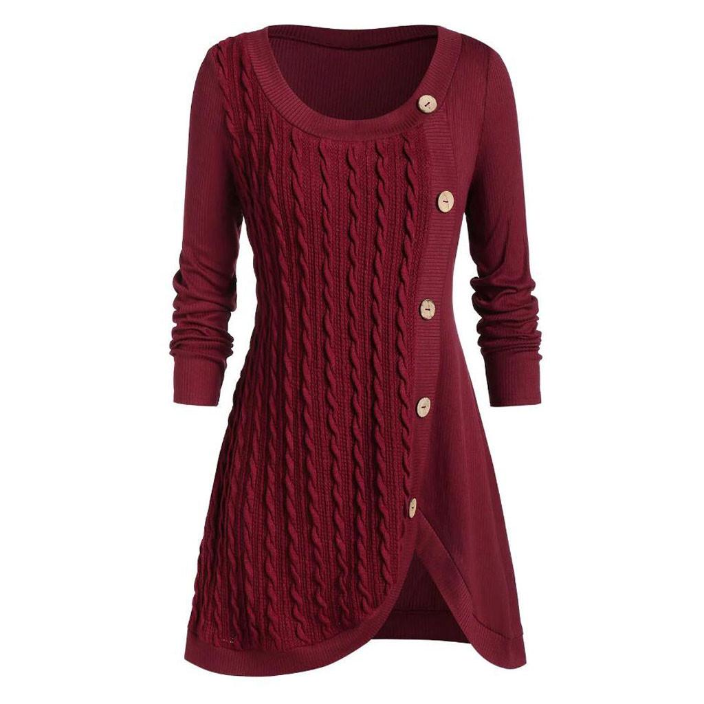 Plus Size Women  Long Sleeve Solid Botton Pachwork Asymmetric Tops Sweater