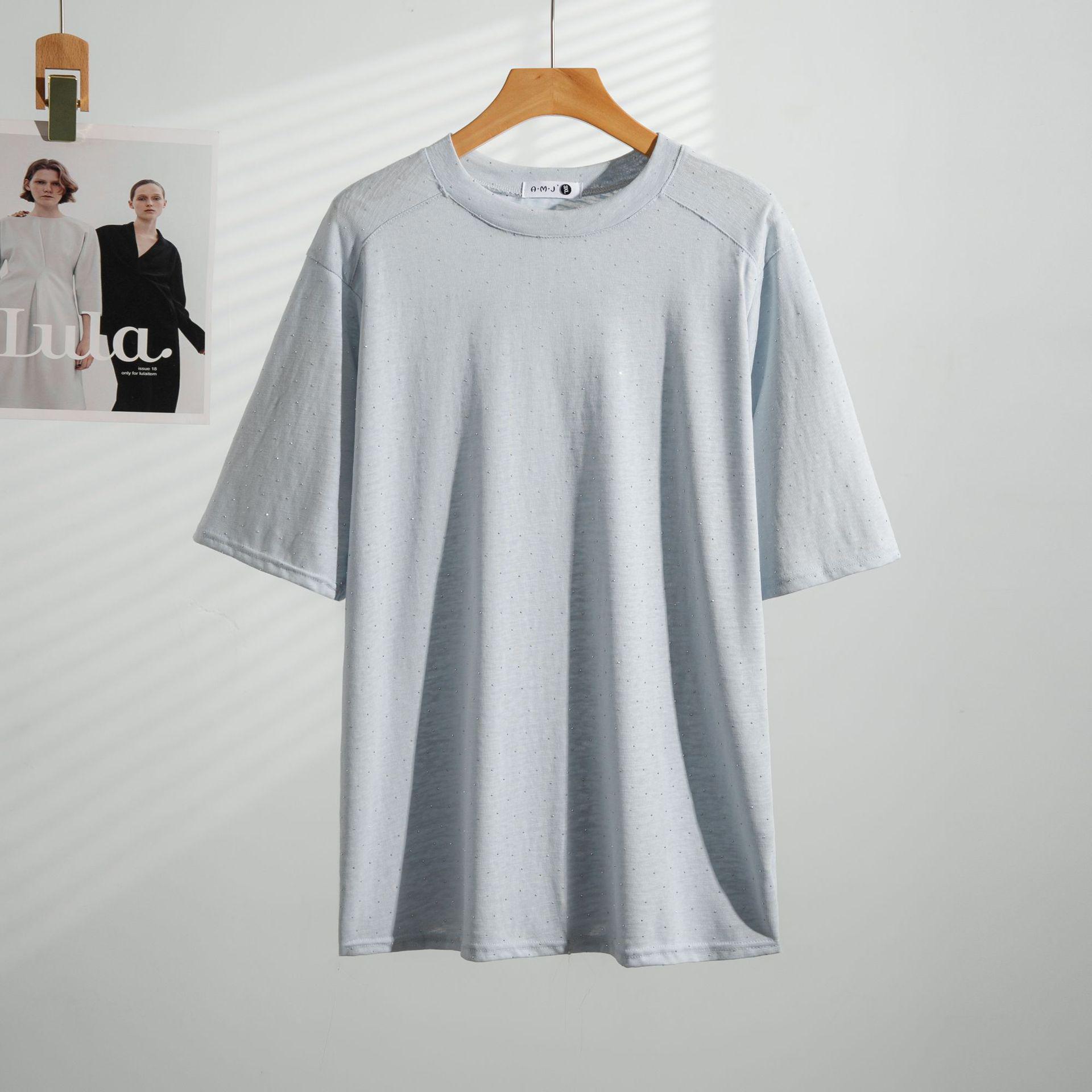 

2026 Summer Fashion Slimming Rhinestone Plus Size Women s Solid Color Round Neck Short Sleeve Top 5XL (suitable for weight 95-130 kg) синій