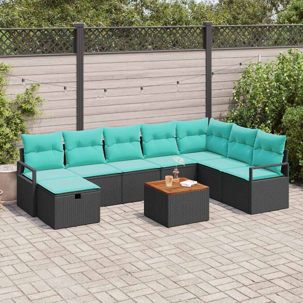 9 Piece Garden Sofa Set with Cushions Black Poly Rattan