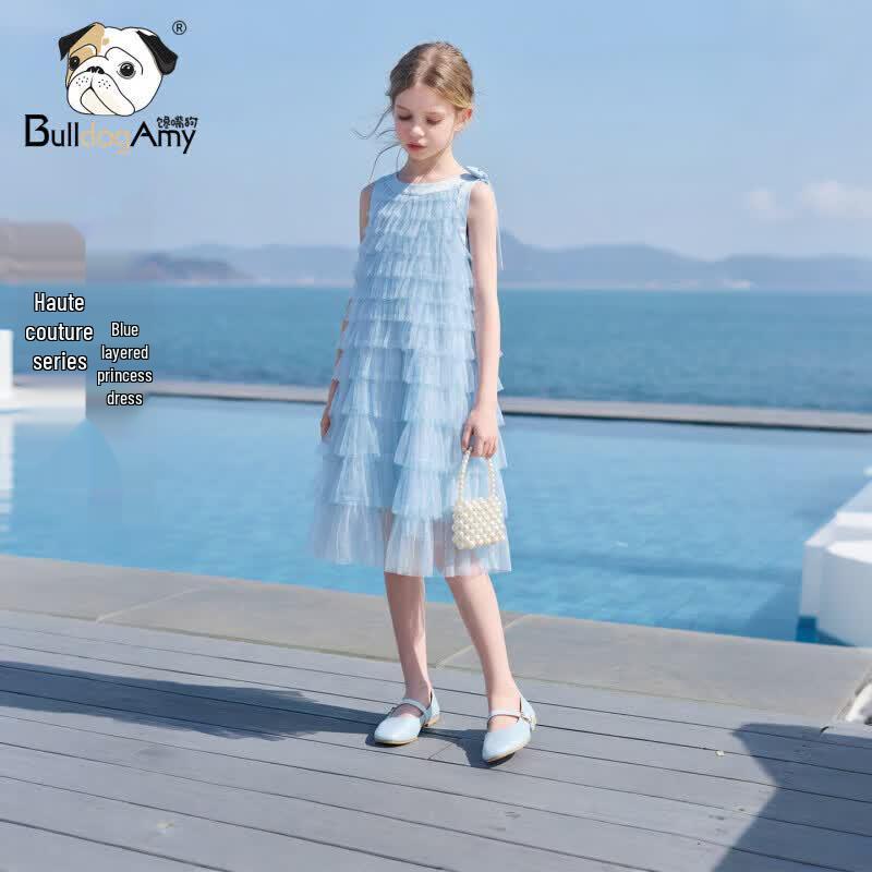 CHANZUIGOU Girls  Stream Blue Mesh Vacation Dress 170 cm