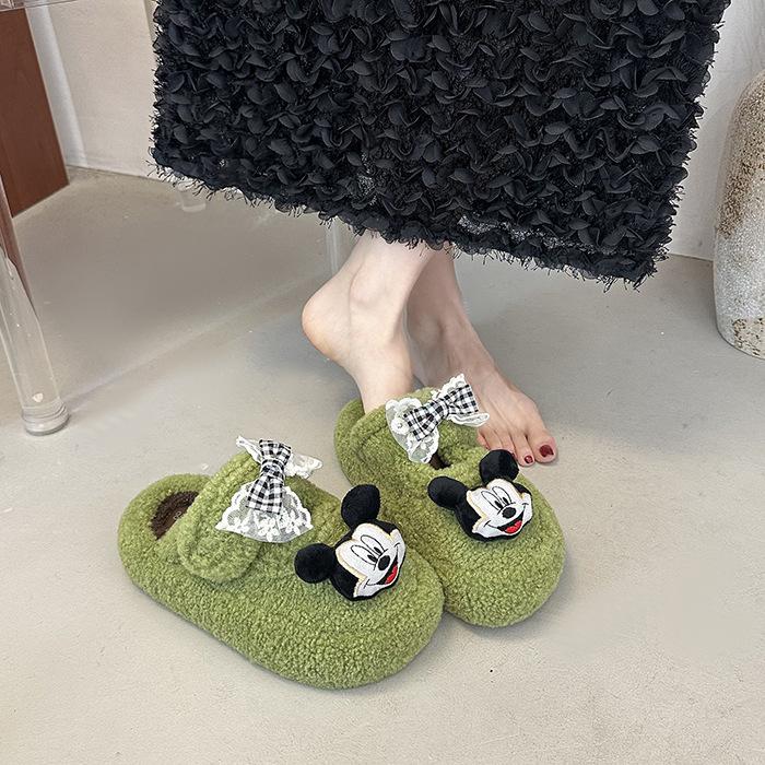 Cute Cartoon Mickey Non-slip and Versatile One-word Fluffy Slippers Women's 2025 Autumn and Winter New Thick-bottomed Warm Cotton Slippers