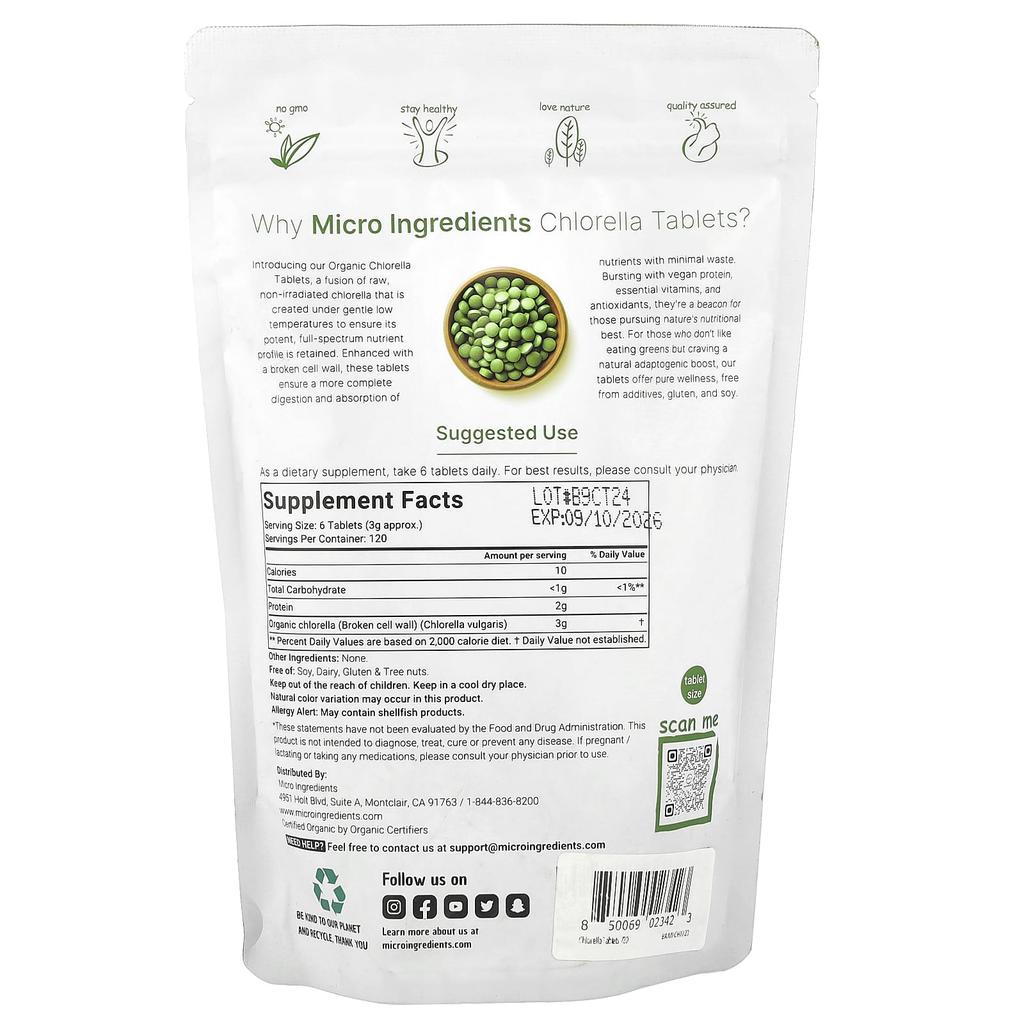 Organic Chlorella Tablets, 720 Tablets (0.5G Per Tablet)