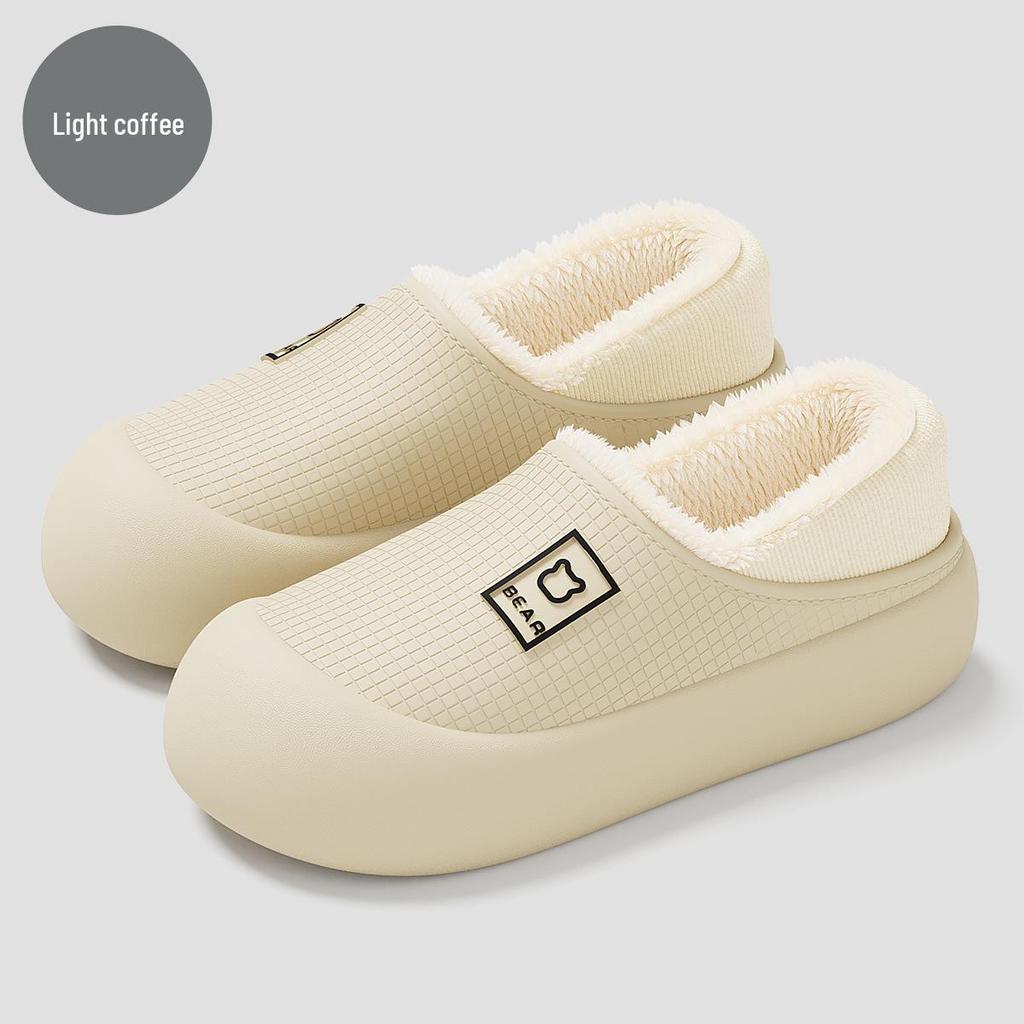 Women's Waterproof Plush Indoor Slippers - Warm, Non-Slip, Heel-Covering Winter Cotton Shoes for Men & Women