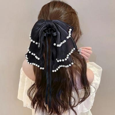Frau Groß Dreilagiger Gaze Perlenband Schleife Haarklammern Damen Haarnadeln Haarspangen Mädchen Elegante Haarspangen Haaraccessoires