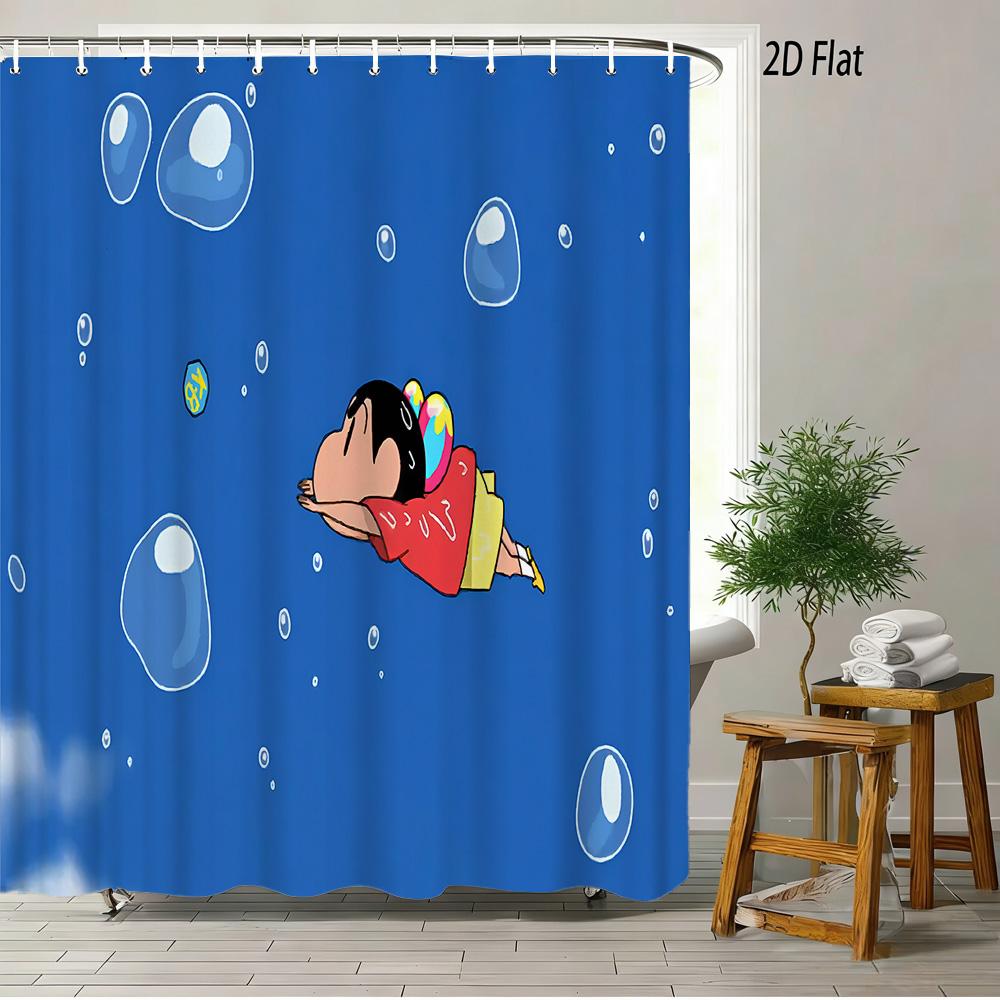 Crayon Shin-Chan Running & Cheering On Mountain Top 2D Print Waterproof Shower Curtain, Minimalist Blue Sky Bathroom Decor With