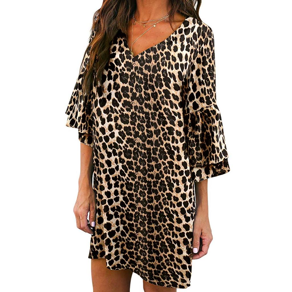 

Модное женское повседневное пляжное платье с v-образным вырезом и половиной расклешенных рукавов с леопардовым принтом L кофейный