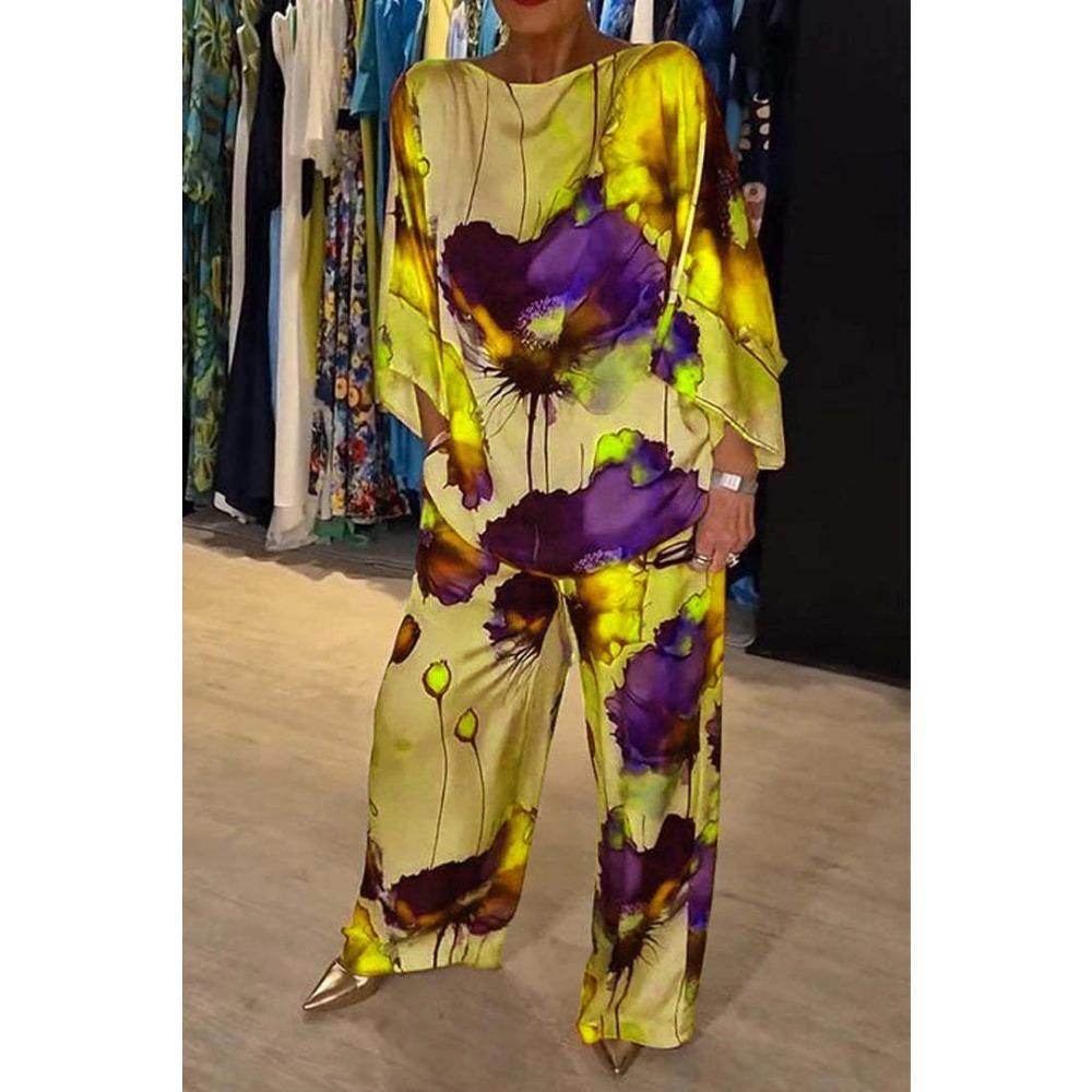 IHUASU Summer and Autumn Urban Elegant Tweed One-shoulder Loose Print Batsleeved and Long Pants Set