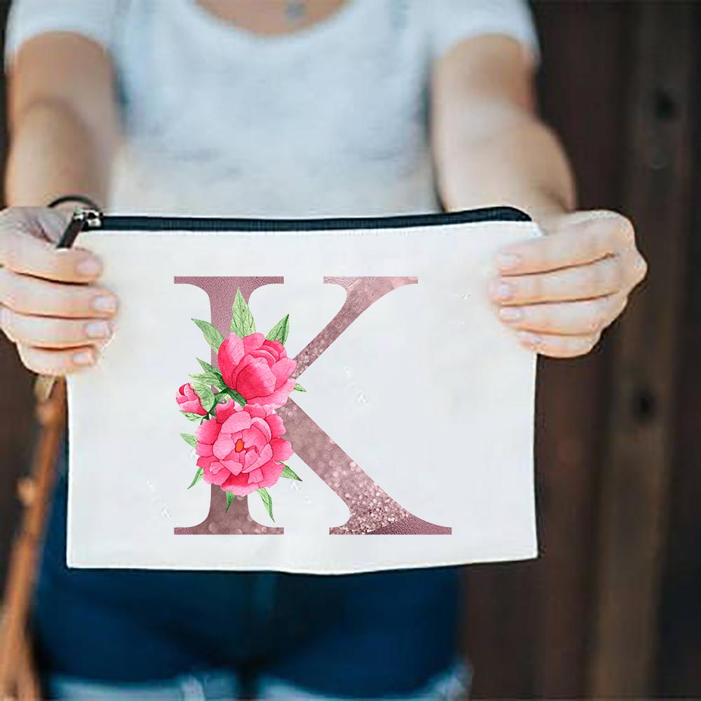 Pink Flowers Alphabet A-Z White Canvas Makeup Bags Zipper Cosmetic Pouch Ladies Casual Fashion Storage Organizer Make Up Bag