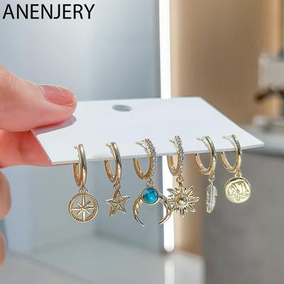 6 Pieces/set Moon Sun Star Leaf Hoop Earrings Set Micro Zircon All-match Earrings for Women