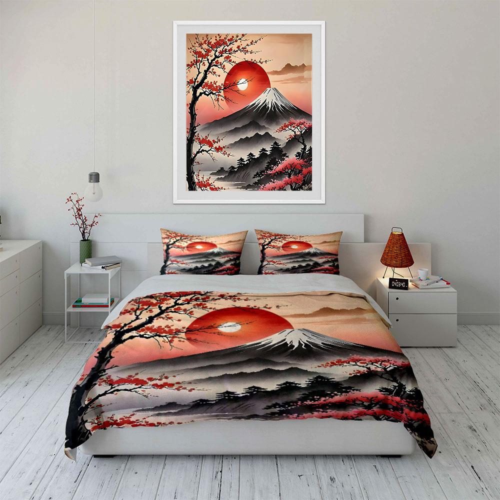 Cherry Blossom Mountain Decor Set Soft Skin-Friendly Bedding Set Includes 1 Duvet Cover And 2 Pillowcase Gift