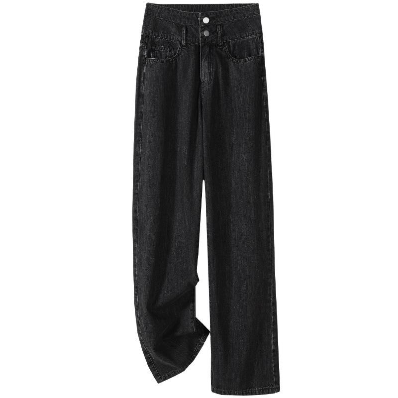 Korean Style High-Waisted Wide-Leg Jeans for Women - Spring/Autumn, Pear-Shaped, Slimming Double-Button, Drape Straight Floor-Length Pants