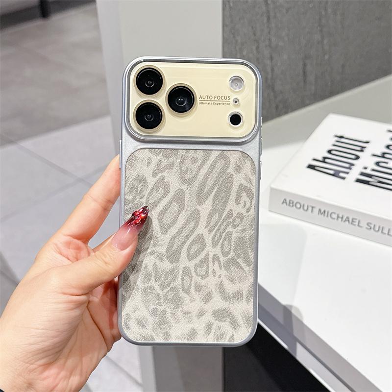 

Luxury Matte Leopard Leather Matte Phone Case For iPhone 17 16 15 14 Pro Max 17Pro Hard PC Big Window Shockproof Protector Cover iPhone 15 серый