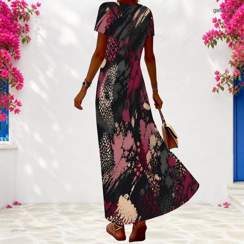 Women Plus Size V Neck Short Sleeve Printed Loose Maxi Dress