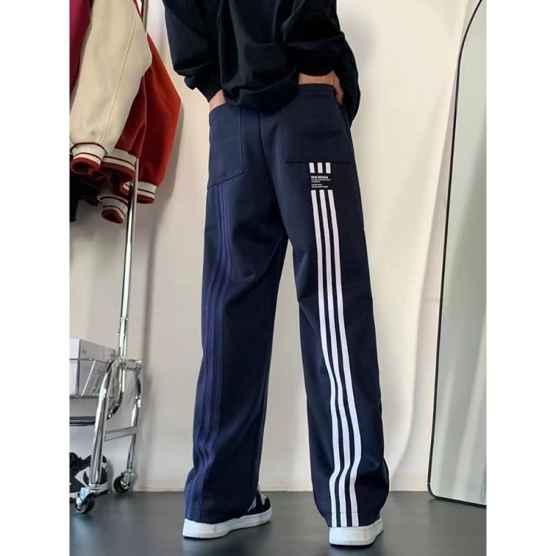Mens Retro Straight Leg Sweatpants - American Style Loose Casual Pants Fall Striped Micro Elastic