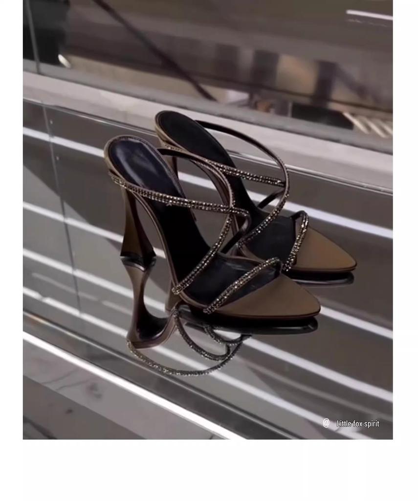 Brown Satin Rhinestone Pointed-Toe High Heel Sandals - Women's Mature Summer Style