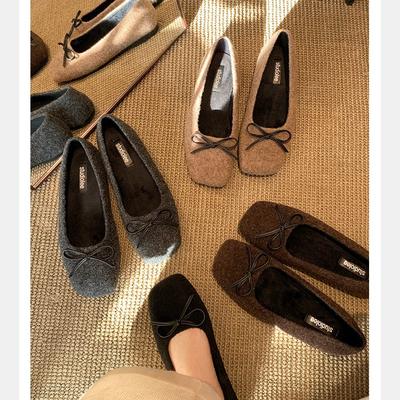 Grape Mother of the Same Style~ Versatile Autumn and Winter Bow Woolen Plush Warm Shallow Mouth Ballet Single Shoes Women