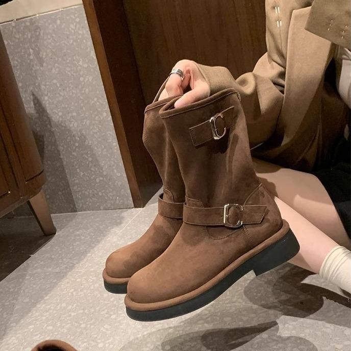 Spot Second Hair! Grape Mother Same Shoes Retro Locomotive Buckle with Round Head Thick Sole Heightening Medium Tube Short Boots Autumn and Winter Wom