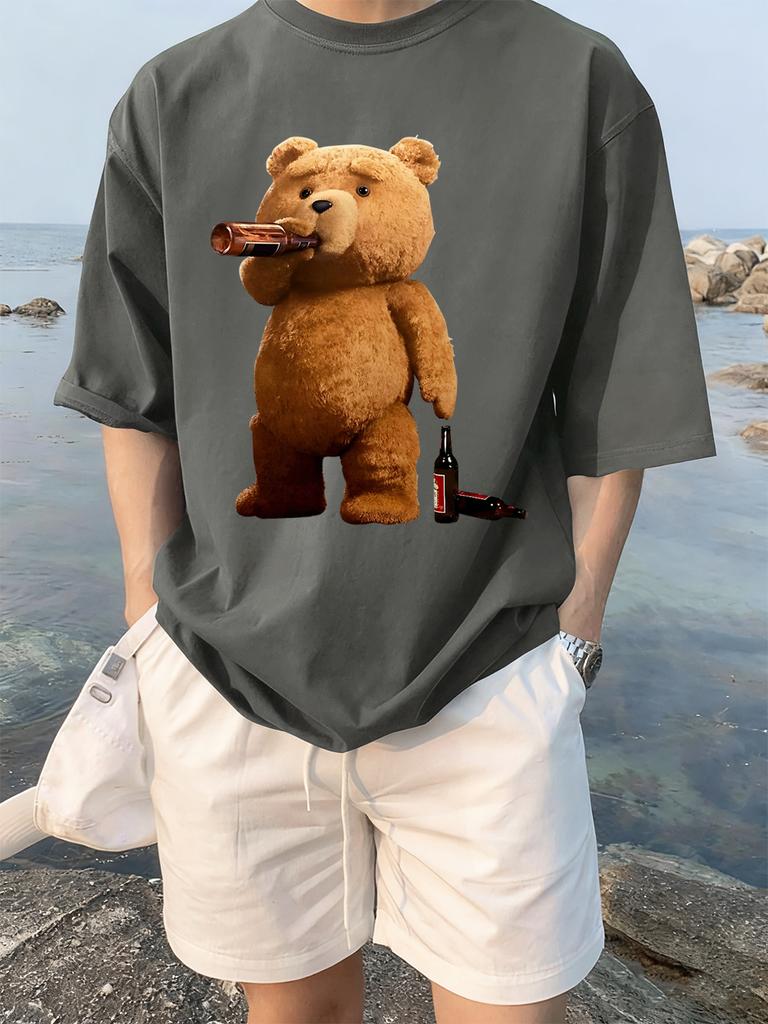 The Melancholic Bear Drinking Printing TShirt Women Cotton Summer T Shirt Comfortable Loose ONeck Tops Street Woman Clothes