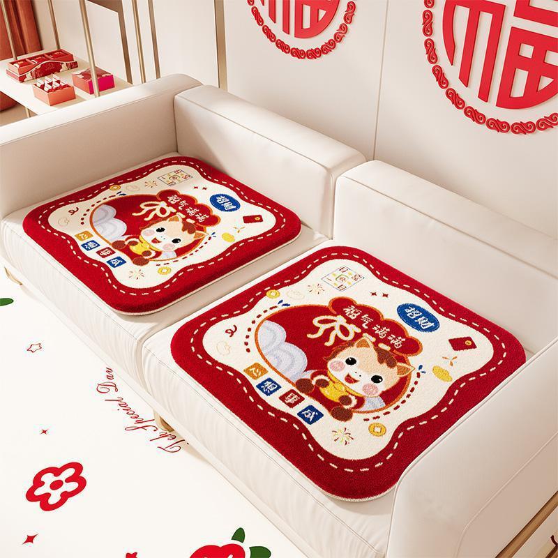 Red Festive Faux Cashmere Cushion - New Year Horse Design for Sofa, Office, Student Chairs, and Household Use