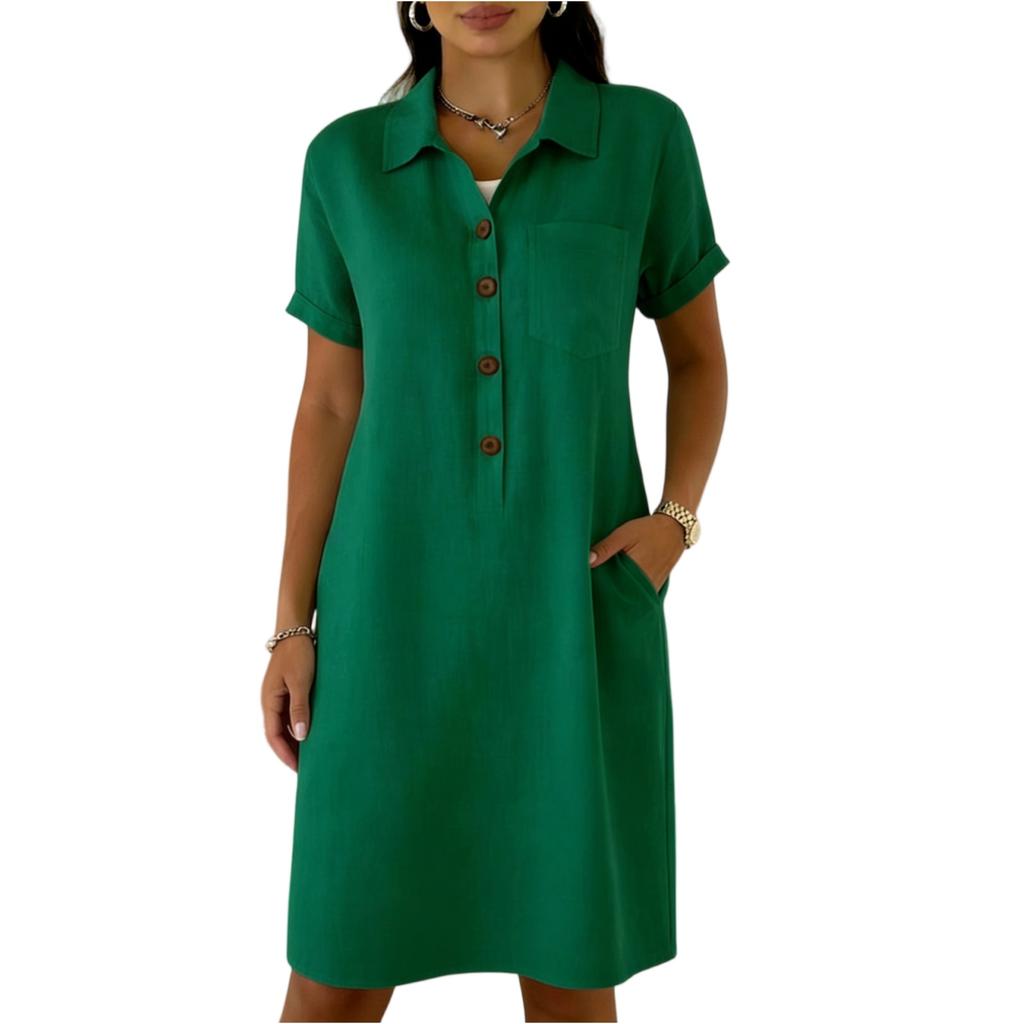 Womens Short Sleeve Button Down Shirt Dress with Collar and Pocket Relaxed Fit Casual Tunic Knee Length Summer Dress