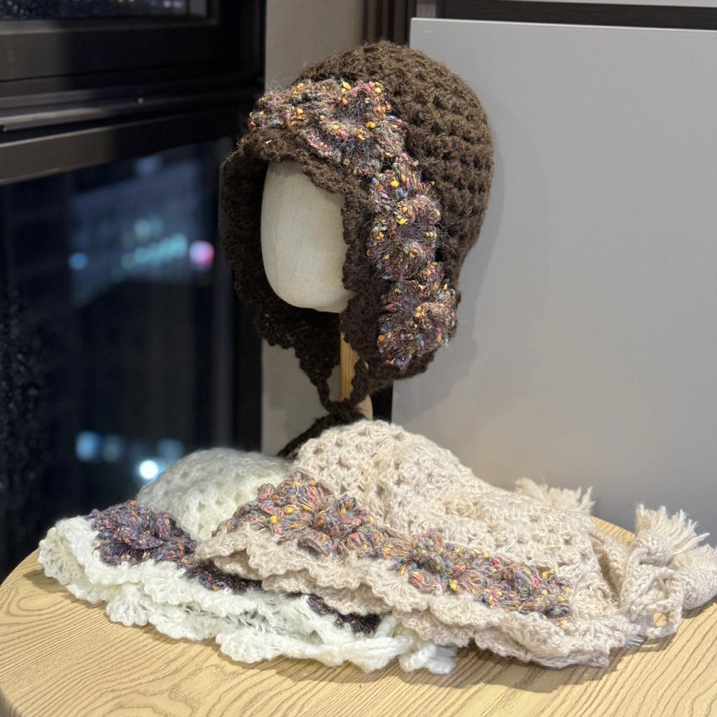 New Hand Knitted Crochet Knitted Hat for Women Autumn and Winter Ear Protection Warm Hollow Tassel Woolen Toe Cap Trendy