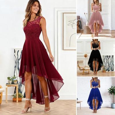 Vestido de Encaje sin Mangas para Mujer Alto Bajo Cuello Redondo Vestido de Cóctel Formal Invitada de Boda Vestido Swing para Fiesta de Noche Baile de Graduación