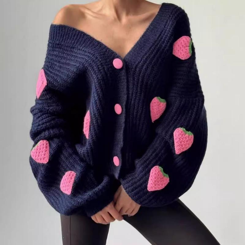 Pulover de damă de toamnă și iarnă, lejer și dulce, cu aplicație tridimensională de căpșuni, cu ac gros
