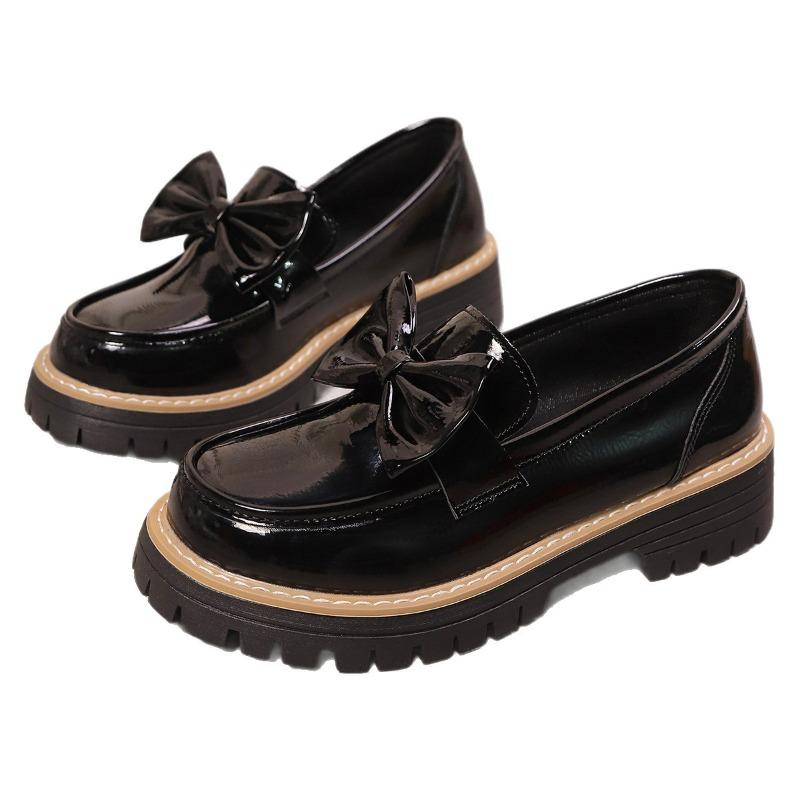 Women's Wide Width Bow Detail Loafers, Round Toe Striped Driving Shoes, British Style Retro Flats for Women